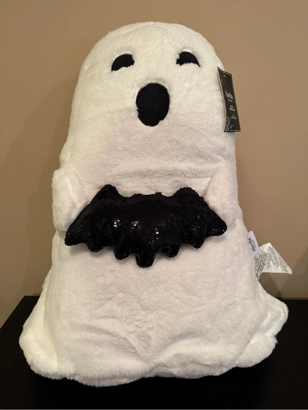 Martha Stewart Plush White Ghost Pillow with Black Sequin Bat  can be Doorstop